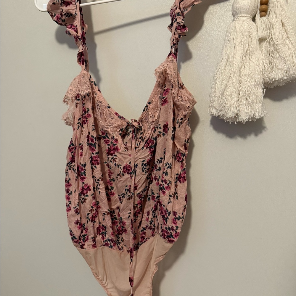 Anthropologie Pink Floral Lace Chemise